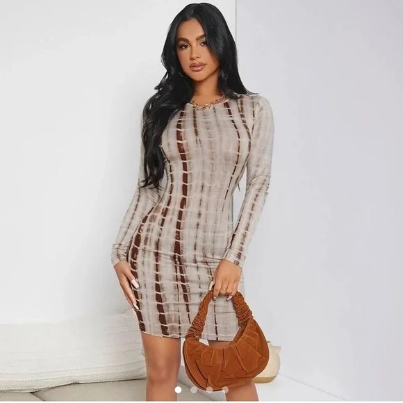 shein tie dye bodycon dress SHEIN Priv Women's Tie Dye Print Pleated Long Sleeve Bodycon Dress